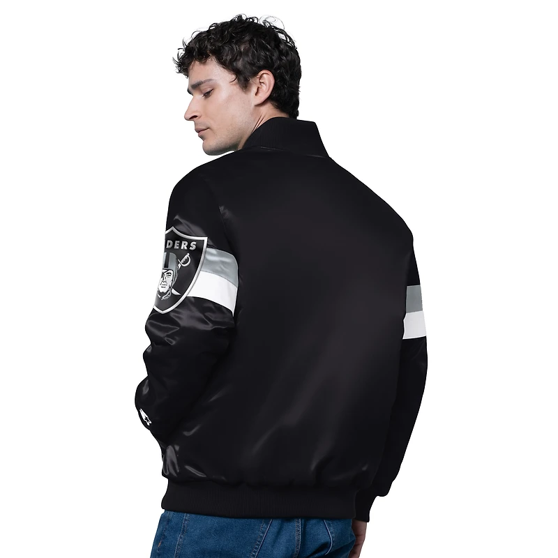 Veste universitaire noire à boutons-pression triple option en satin pour homme des Las Vegas Raiders