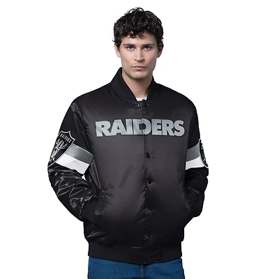 Veste universitaire noire à boutons-pression triple option en satin pour homme des Las Vegas Raiders