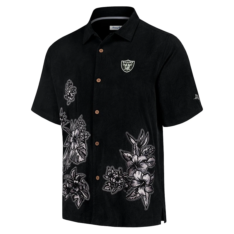 Chemise boutonnée Tommy Bahama noire Las Vegas Raiders Hibiscus Camp pour hommes