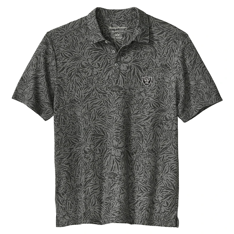Men's Tommy Bahama Black Las Vegas Raiders IslandZone Wild Hibiscus Tri-Blend Polo