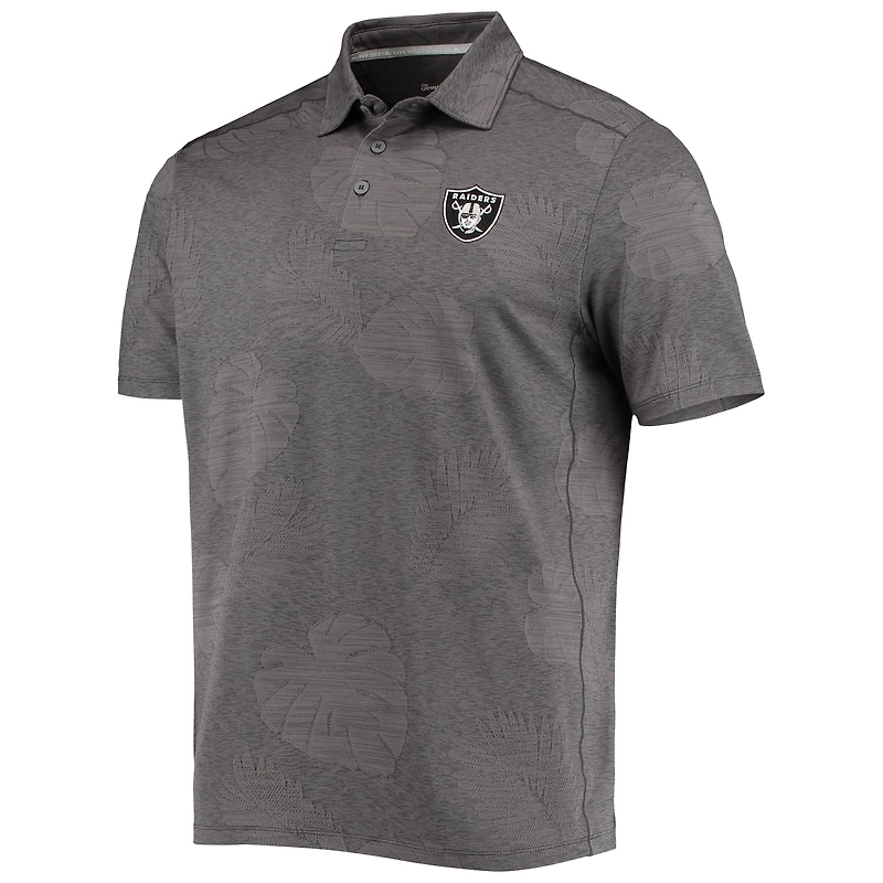 Polo pour homme Tommy Bahama Charcoal Las Vegas Raiders Palm Coast Delray Frond Allover IslandZone