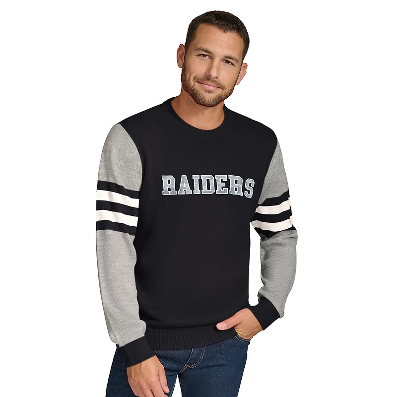 Men's Tommy Hilfiger Black/Heather Gray Las Vegas Raiders Acrylic Crewneck Pullover Sweater
