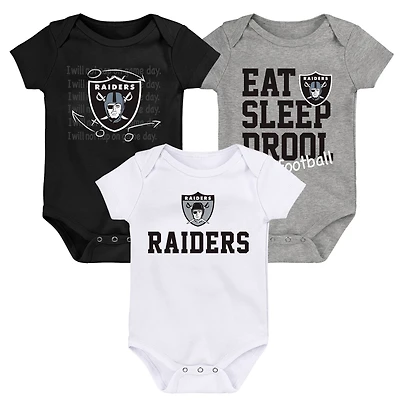 Ensemble de trois bodys rétro Eat, Sleep & Drool pour nouveau-nés et nourrissons noir/blanc/gris chiné Las Vegas Raiders