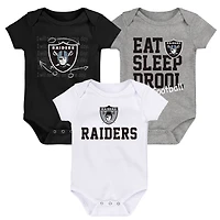 Ensemble de trois bodys rétro Eat, Sleep & Drool pour nouveau-nés et nourrissons noir/blanc/gris chiné Las Vegas Raiders
