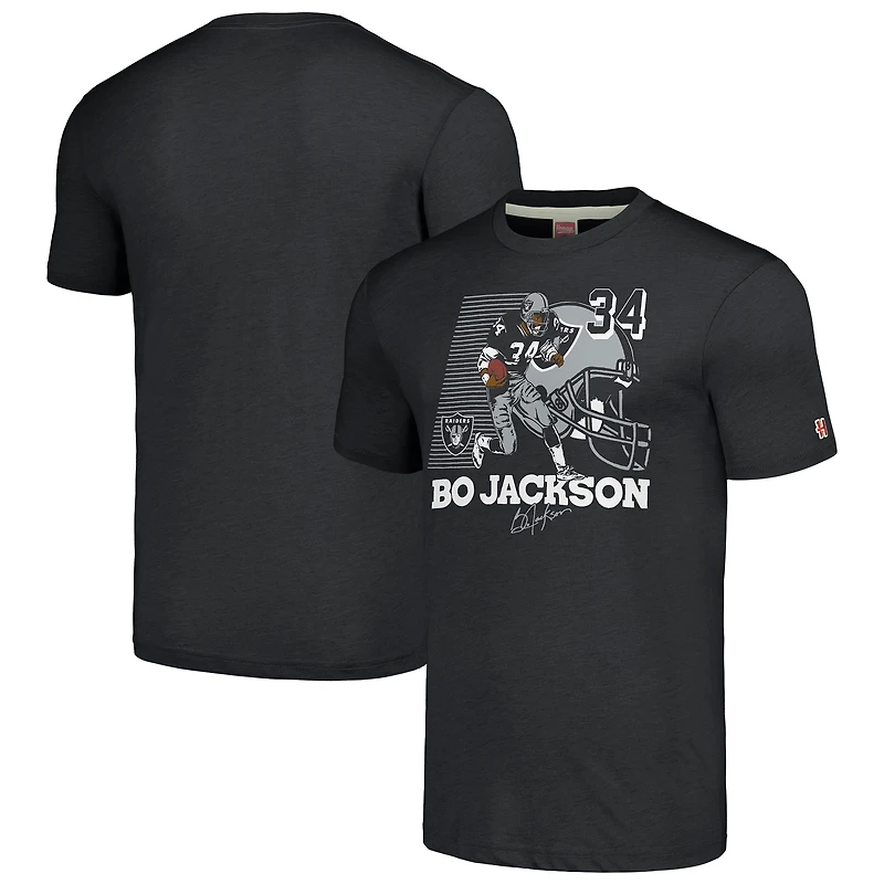T-shirt unisexe en mélange de trois matières, hommage à Bo Jackson, caricature anthracite des Raiders Las Vegas, joueur retraité