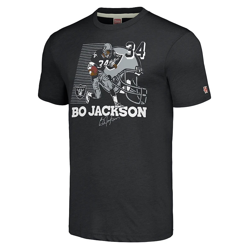 T-shirt unisexe en mélange de trois matières, hommage à Bo Jackson, caricature anthracite des Raiders Las Vegas, joueur retraité