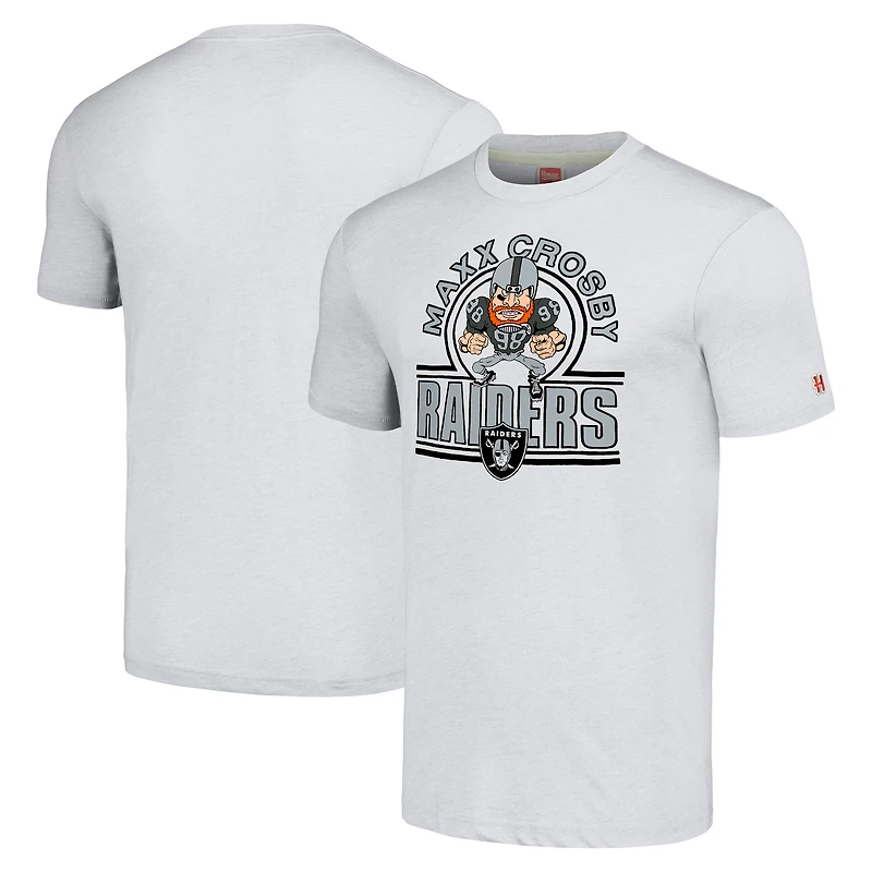 T-shirt unisexe en mélange de trois matières, hommage à Maxx Crosby, Las Vegas Raiders, couleur cendre, avec caricature du joueur