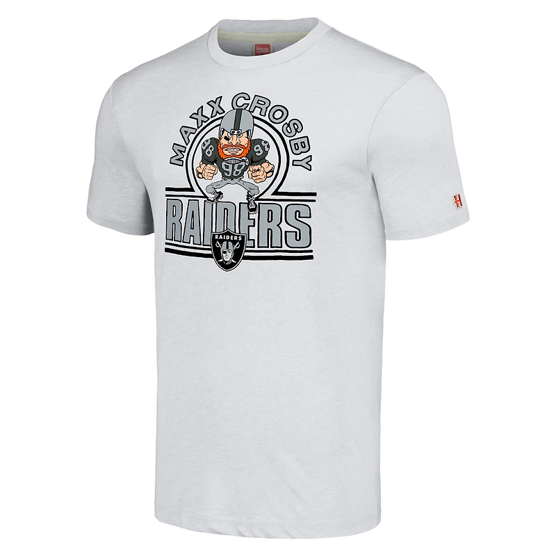 T-shirt unisexe en mélange de trois matières, hommage à Maxx Crosby, Las Vegas Raiders, couleur cendre, avec caricature du joueur