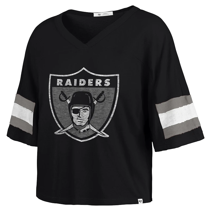 Women's '47 Black Las Vegas Raiders  Double Header Scout Cropped V-Neck T-Shirt