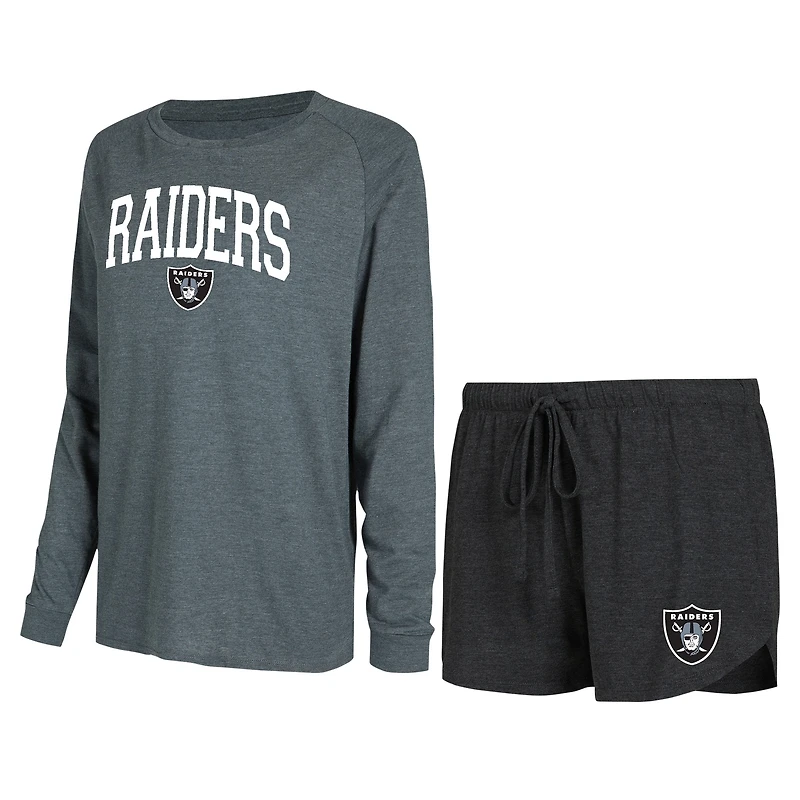 Ensemble de détente pour femme Concepts Sport noir/anthracite avec haut à manches longues raglan et short des Las Vegas Raiders