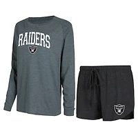 Ensemble de détente pour femme Concepts Sport noir/anthracite avec haut à manches longues raglan et short des Las Vegas Raiders