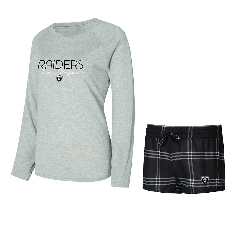 Ensemble haut à manches longues et short raglan pour femme Concepts Sport noir/gris des Las Vegas Raiders