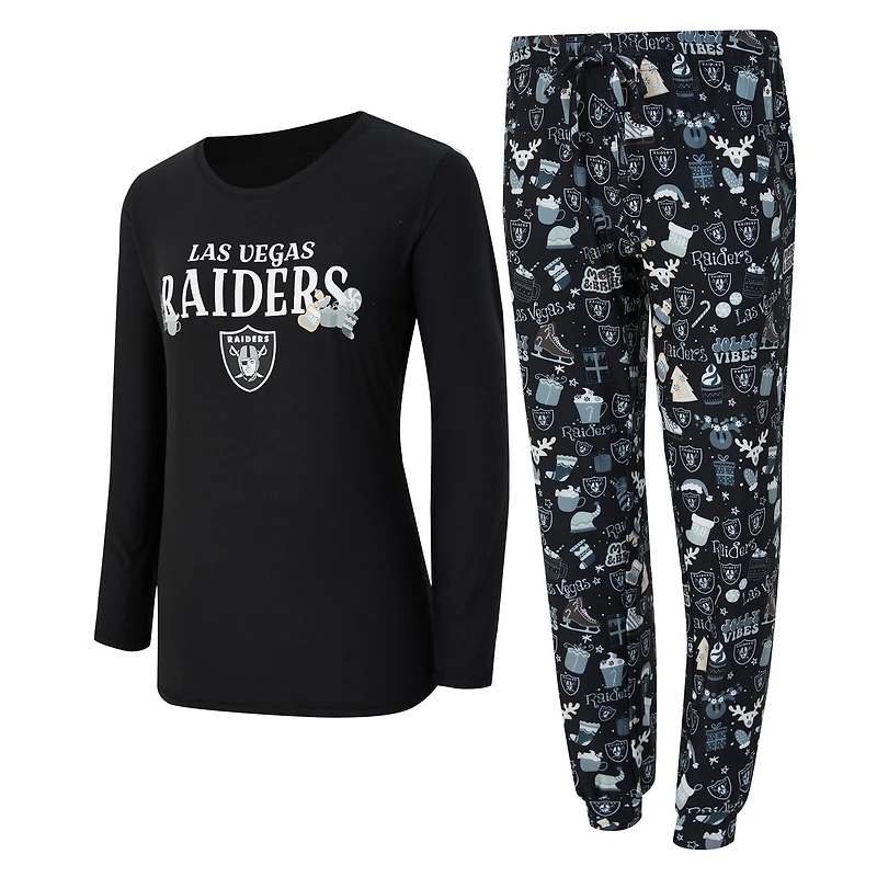 Ensemble de nuit pour femme Concepts Sport Black Las Vegas Raiders avec t-shirt à manches longues et pantalon couleur châtain