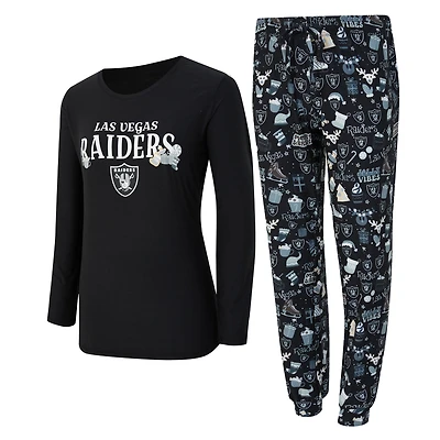 Women's Concepts Sport Black Las Vegas Raiders Chesnut Long Sleeve T-Shirt and Pant Sleep Set