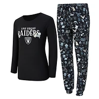 Ensemble de nuit pour femme Concepts Sport Black Las Vegas Raiders avec t-shirt à manches longues et pantalon couleur châtain