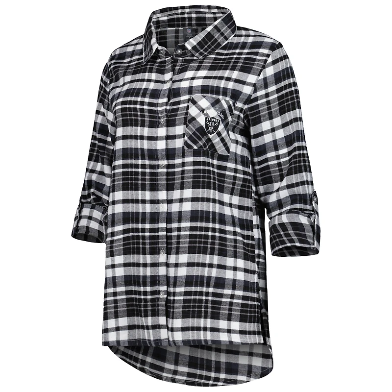 Women's Concepts Sport Black Las Vegas Raiders Mainstay Plaid Full-Button Long Sleeve Nightshirt