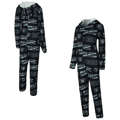 Women's Concepts Sport  Black Las Vegas Raiders Roadway Allover Print Microfleece Full-Zip Union Suit