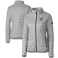 Doudoune Rainier PrimaLoft Eco entièrement zippée pour femme, grise, avec logo rétro des Las Vegas Raiders, Cutter & Buck