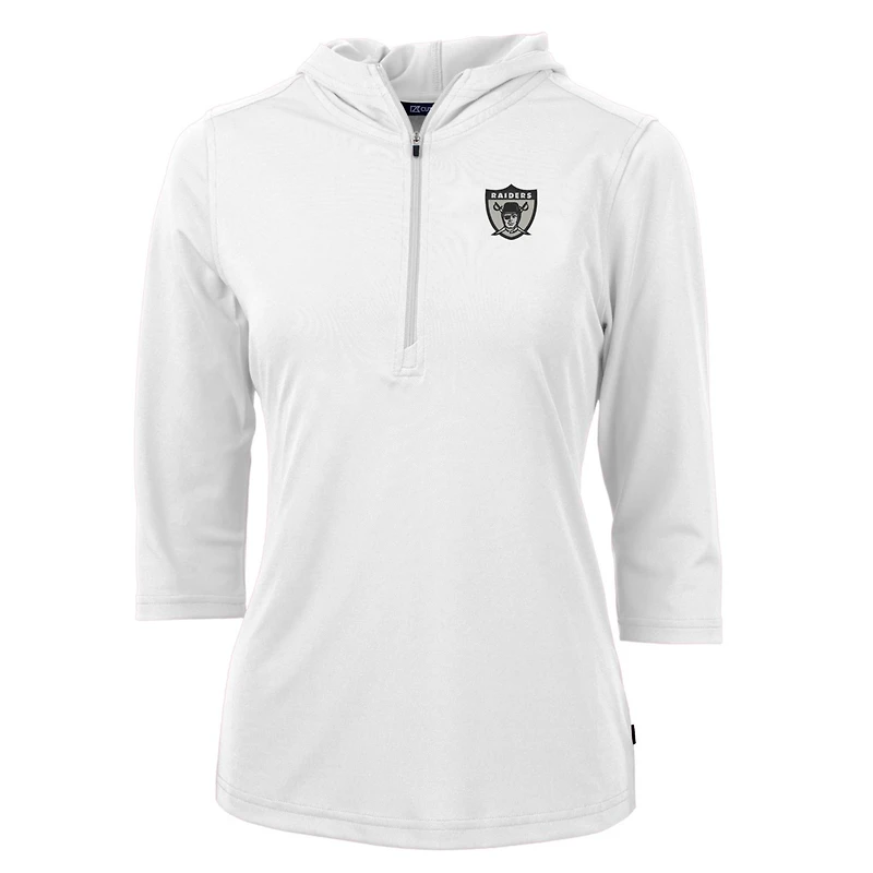Sweat à capuche blanc manches 3/4 et demi-zip pour femme Cutter & Buck, logo rétro des Las Vegas Raiders, en piqué écologique Virtue