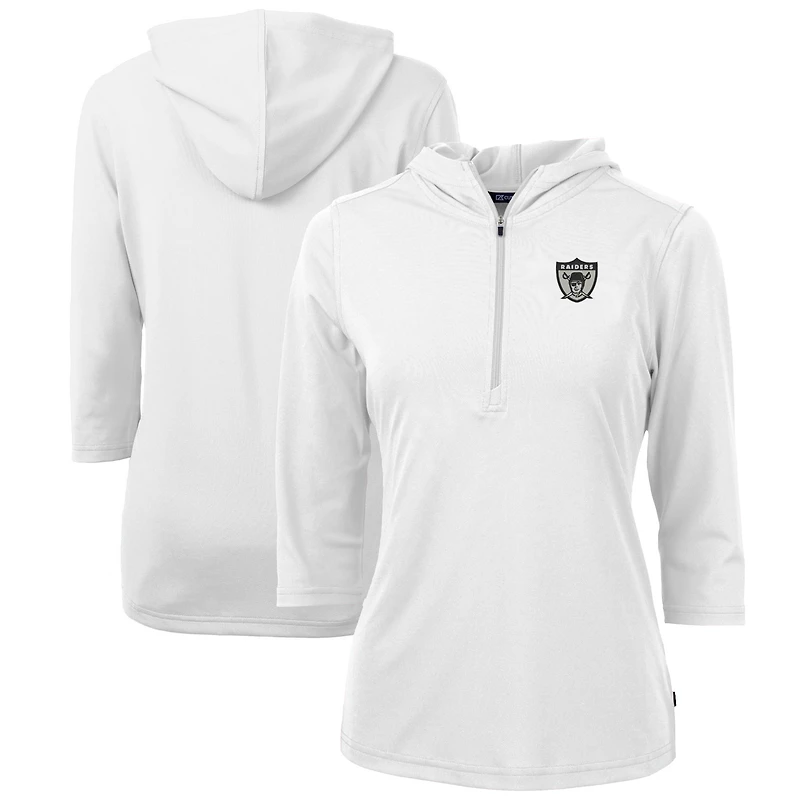Sweat à capuche blanc manches 3/4 et demi-zip pour femme Cutter & Buck, logo rétro des Las Vegas Raiders, en piqué écologique Virtue
