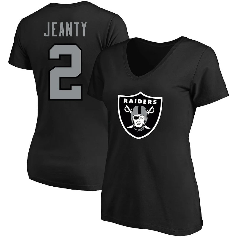 T-shirt à col en V Fanatics Ashton Jeanty noir pour femmes, grandes tailles, Las Vegas Raiders, nom et numéro