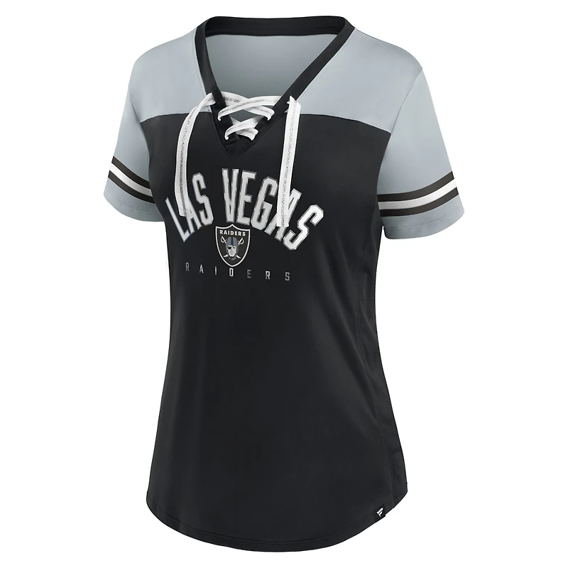 T-shirt en jersey à lacets et col V Fanatics pour femmes, noir/argent, Las Vegas Raiders Blitz & Glam