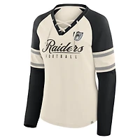Women's Fanatics Cream/Black Las Vegas Raiders Gridiron Hero Raglan Lace-Up V-Neck Long Sleeve T-Shirt