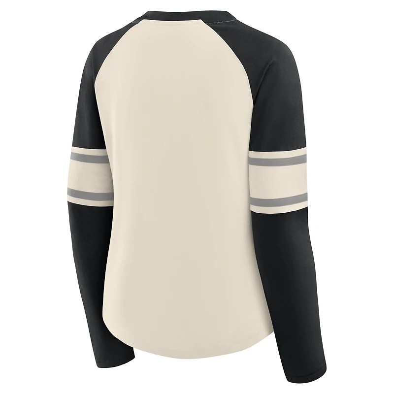 Women's Fanatics Cream/Black Las Vegas Raiders Gridiron Hero Raglan Lace-Up V-Neck Long Sleeve T-Shirt