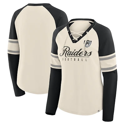 T-shirt à manches longues et col en V lacets raglan pour femme Fanatics crème/noir Las Vegas Raiders Gridiron Hero