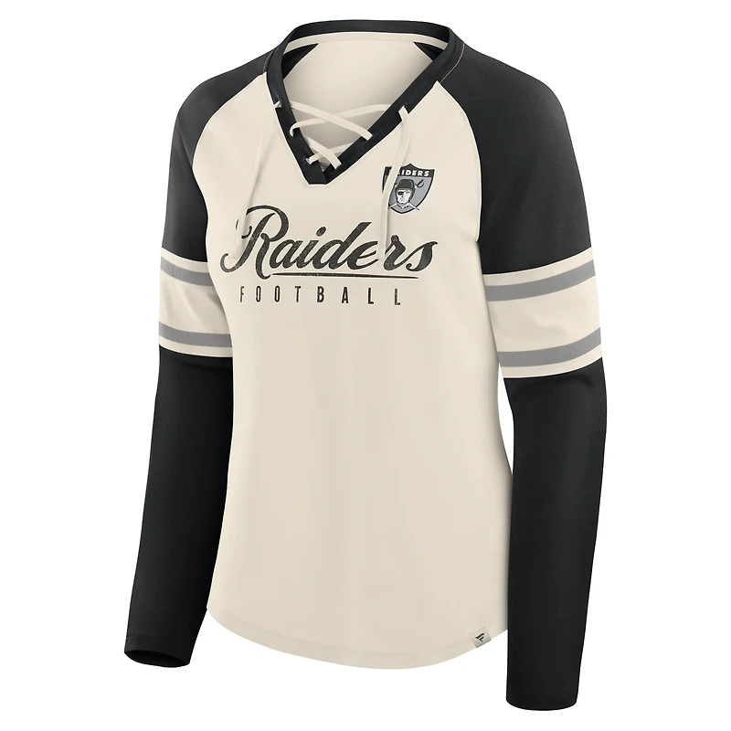 T-shirt à manches longues et col en V lacets pour femme, motif raglan, héroïque des Las Vegas Raiders, crème/noir