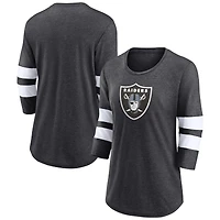 T-shirt à manches 3/4 et encolure dégagée avec logo principal Fanatics Charcoal Heathered Las Vegas Raiders pour femmes