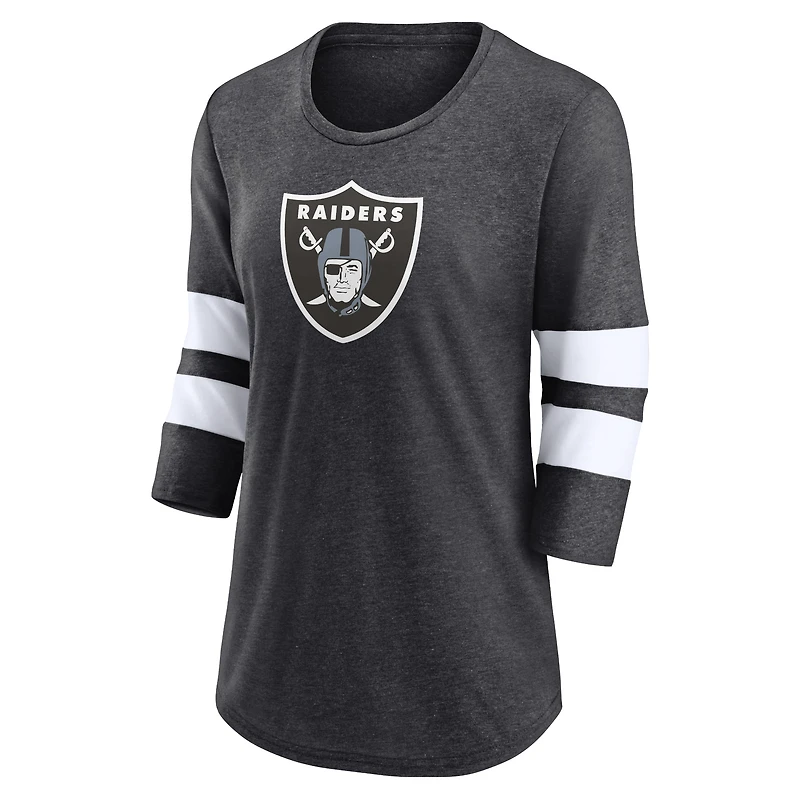 T-shirt à manches 3/4 et encolure dégagée avec logo principal Fanatics Charcoal Heathered Las Vegas Raiders pour femmes