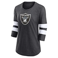 T-shirt à manches 3/4 et encolure dégagée avec logo principal Fanatics Charcoal Heathered Las Vegas Raiders pour femmes