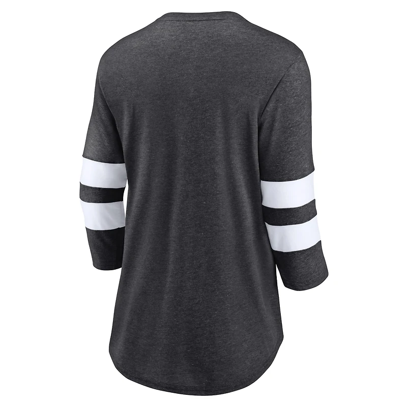 T-shirt à manches 3/4 et encolure dégagée avec logo principal Fanatics Charcoal Heathered Las Vegas Raiders pour femmes