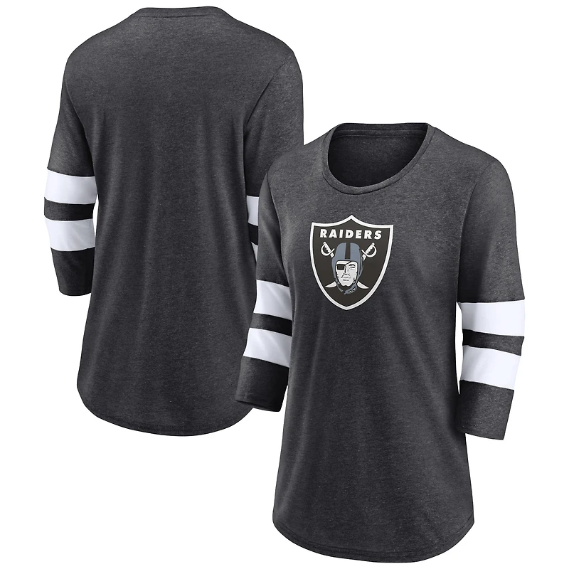 T-shirt à manches 3/4 et encolure dégagée avec logo principal Fanatics Charcoal Heathered Las Vegas Raiders pour femmes