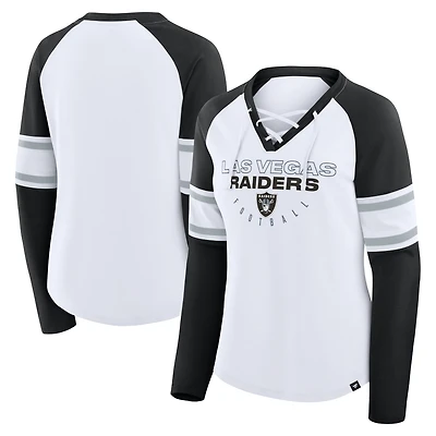 T-shirt à manches longues et col en V lacets pour femme Fanatics, blanc/noir, Las Vegas Raiders Redzone Blitz Package