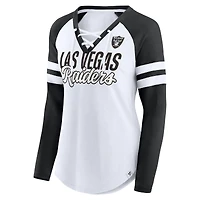 T-shirt blanc à manches longues raglan lacets et col en V Fanatics pour femmes, grande taille, Raiders de Las Vegas