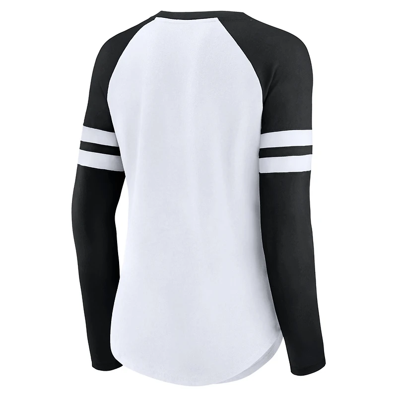 T-shirt blanc à manches longues raglan lacets et col en V Fanatics pour femmes, grande taille, Raiders de Las Vegas