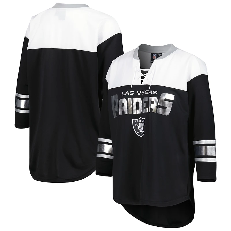 T-shirt à lacets manches 3/4 pour femme G-III 4Her by Carl Banks noir/blanc Las Vegas Raiders Double Team