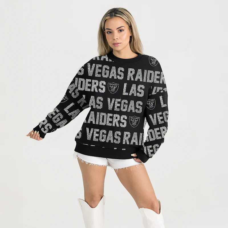 Women's Gameday Couture Black Las Vegas Raiders Relaxed Drop Shoulder Hype Era Rhinestone Text Sweatshirt