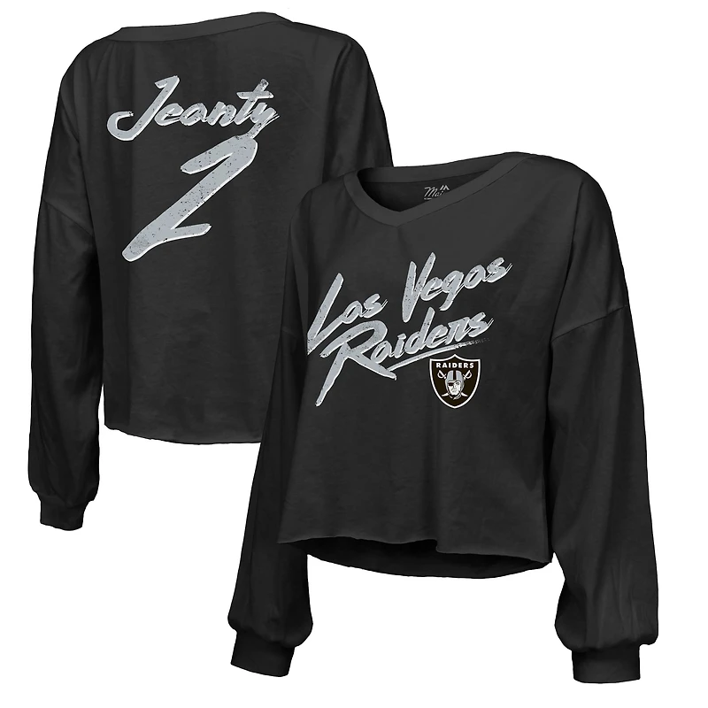 T-shirt court à manches longues et col en V pour femme, coupe décontractée, avec inscription nom numéro des Las Vegas Raiders, noir, par Majestic Threads Ashton Jeanty