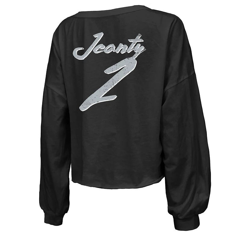 Women's Majestic Threads Ashton Jeanty Black Las Vegas Raiders Name & Number Off-Shoulder Script Cropped Long Sleeve Relaxed V-Neck T-Shirt