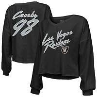 T-shirt court à manches longues et col en V pour femme Majestic Threads Maxx Crosby, noir, avec nom numéro des Las Vegas Raiders, imprimé script, épaules dénudées