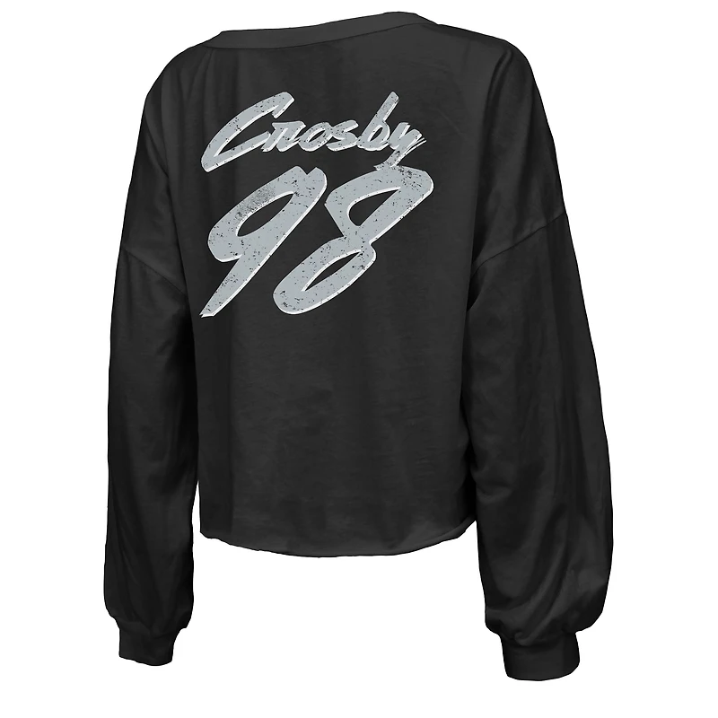 T-shirt court à manches longues et col en V pour femme Majestic Threads Maxx Crosby, noir, avec nom numéro des Las Vegas Raiders, imprimé script, épaules dénudées