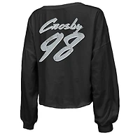 T-shirt court à manches longues et col en V pour femme Majestic Threads Maxx Crosby, noir, avec nom numéro des Las Vegas Raiders, imprimé script, épaules dénudées