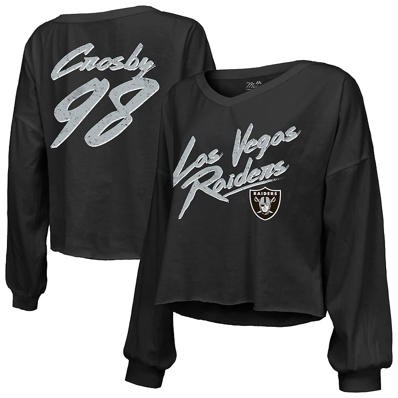 Women's Majestic Threads Maxx Crosby Black Las Vegas Raiders Name & Number Off-Shoulder Script Cropped Long Sleeve Relaxed V-Neck T-Shirt