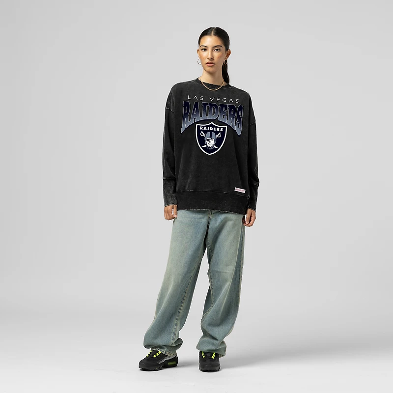 Women's Mitchell & Ness Black Las Vegas Raiders Delineate Mineral Wash Crewneck Sweatshirt