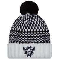 Bonnet en tricot à pompon à revers NFL Crucial Catch New Era pour femme, noir/blanc, Las Vegas Raiders 2023