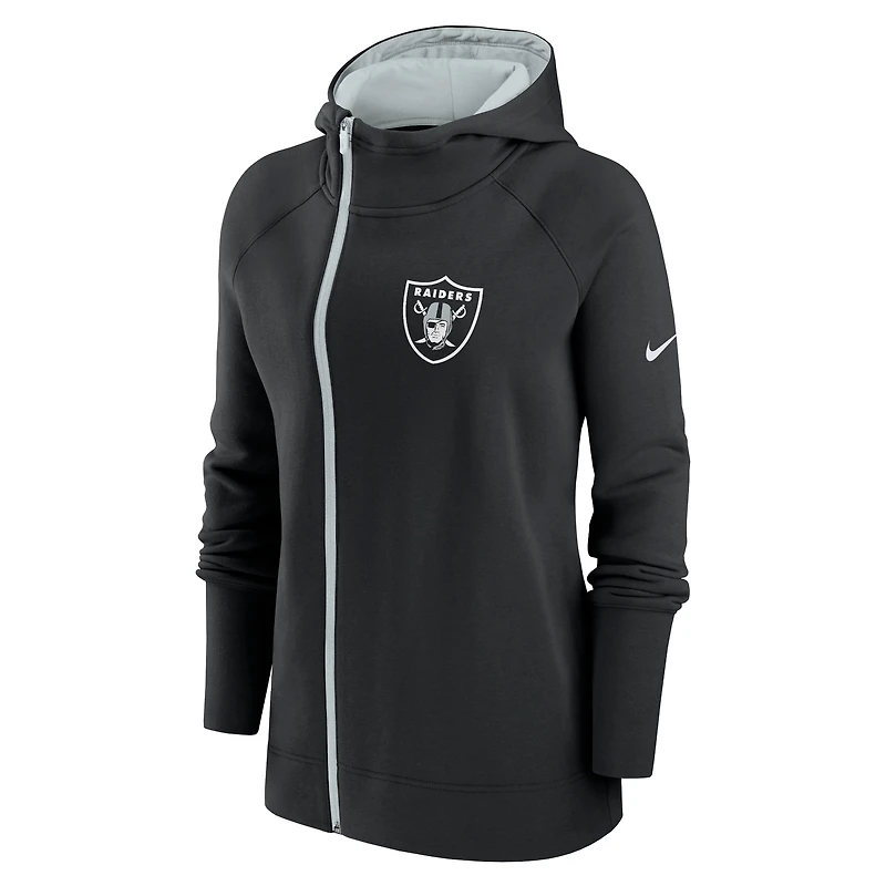 Sweat à capuche zippé asymétrique raglan Nike Las Vegas Raiders noir pour femme