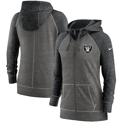 Sweat à capuche raglan entièrement zippé pour femme Nike Heathered Charcoal/Black Las Vegas Raiders Gym Vintage